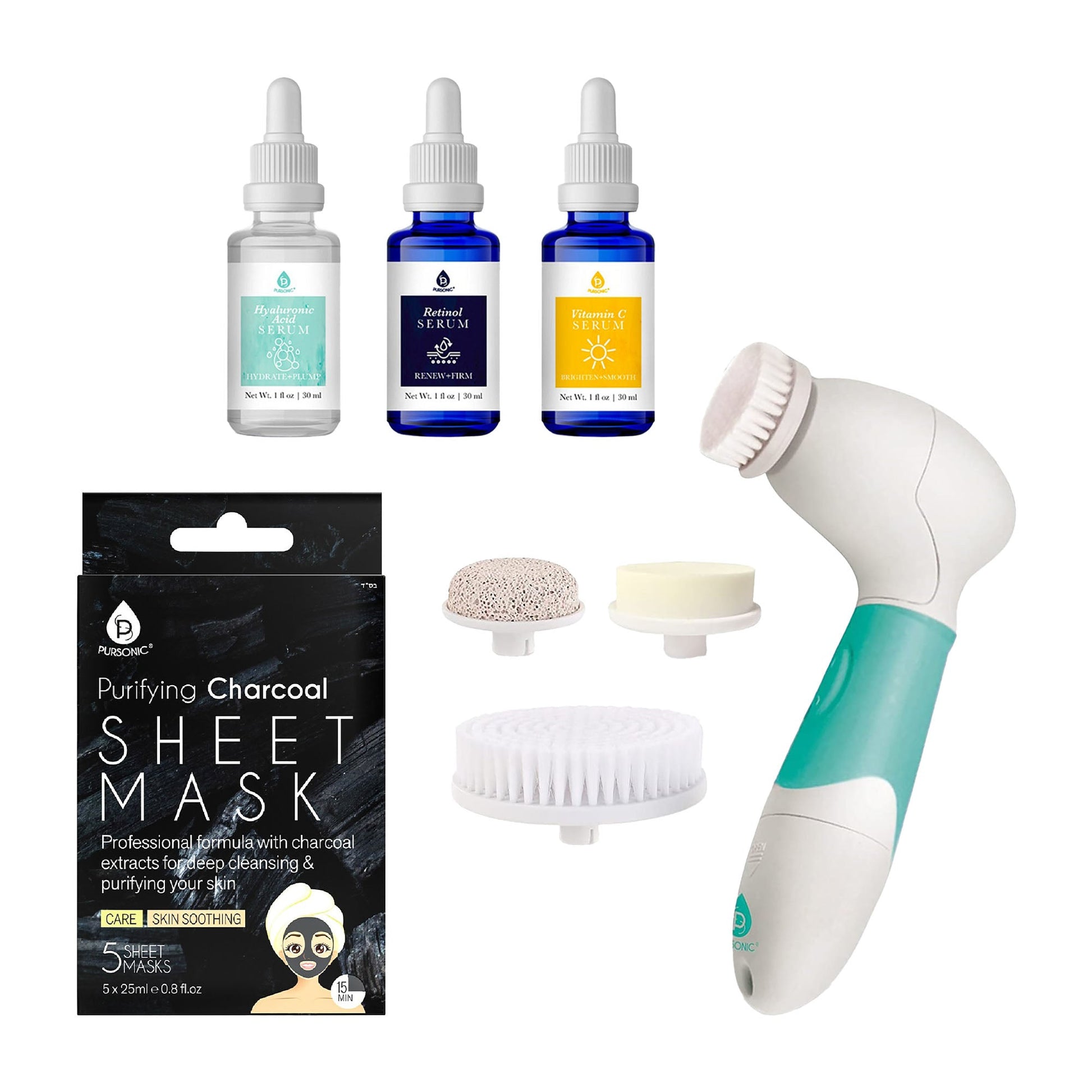 Pursonic Complete Skincare Bundle – Advanced Facial & Body Cleansing Brush + Anti-Aging Serum Set + 5-Pack Charcoal Sheet Masks-0