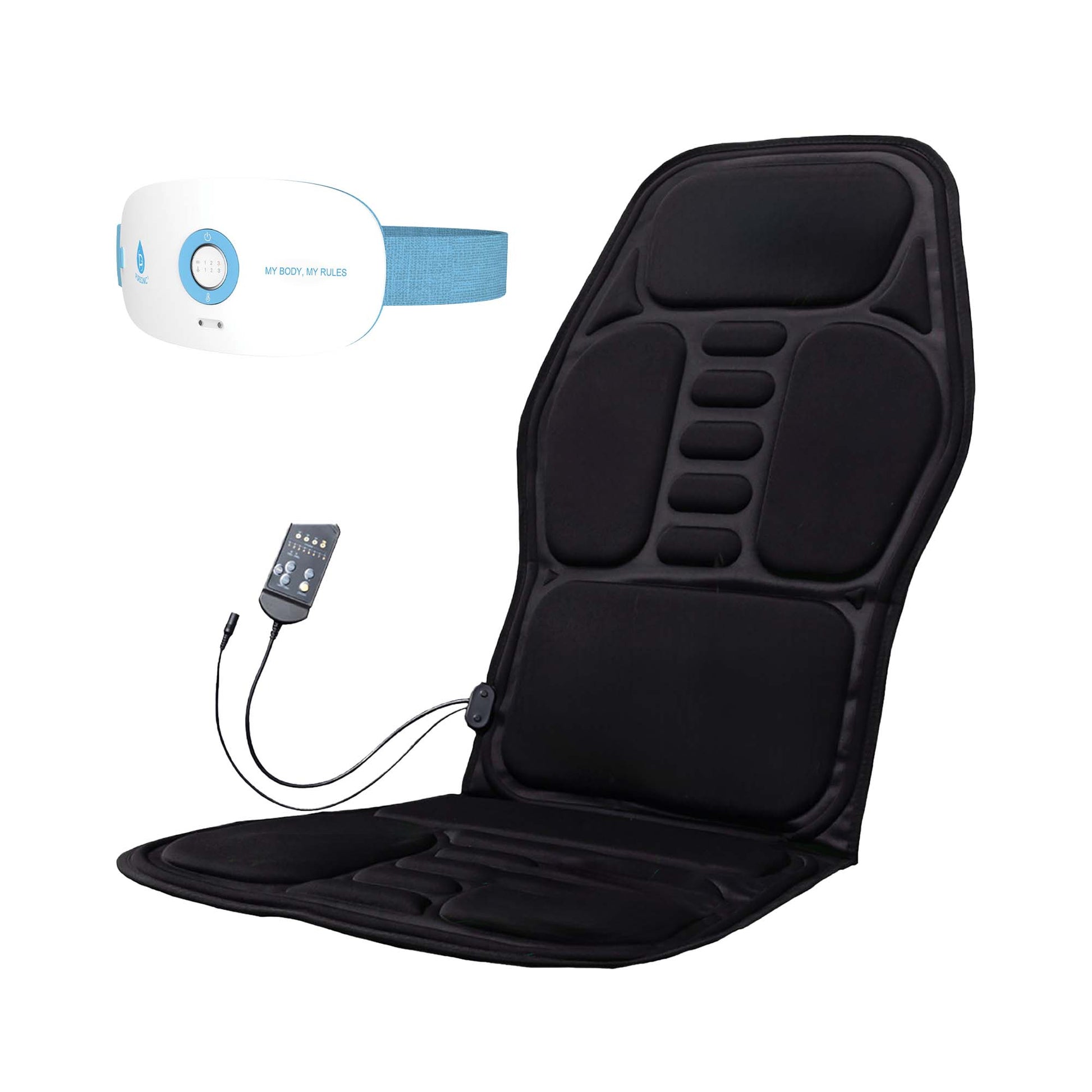 Pursonic Heat & Vibration Comfort Bundle – Chair Cushion Massager with Shiatsu Nodes + USB Rechargeable Stomach & Back Massager-0