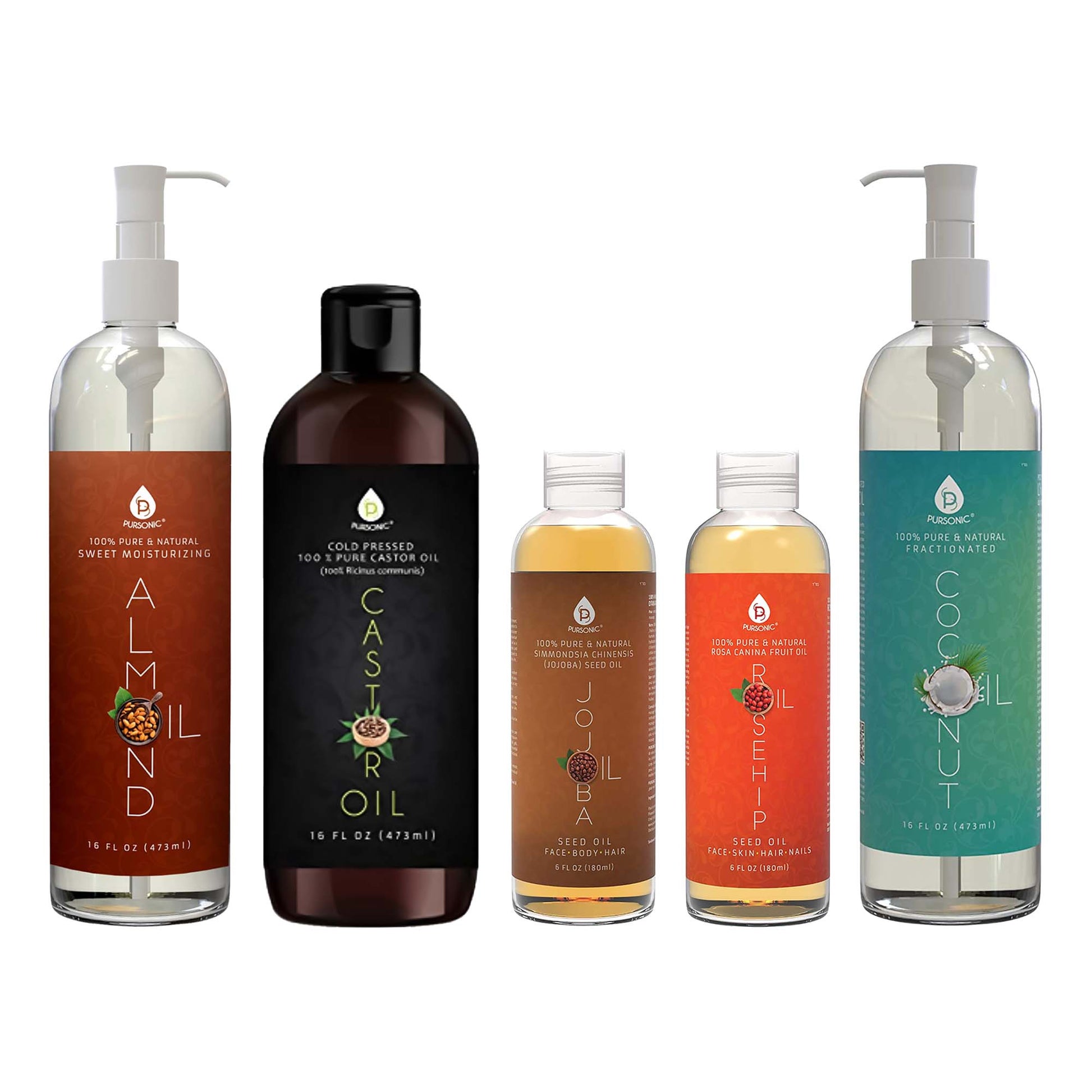 Pursonic Essential Oils & Skin Care Mega Bundle – 100% Pure Golden Jojoba Oil, Rosehip Oil, Sweet Almond Oil, Fractionated Coconut Oil, and Castor Oil-0