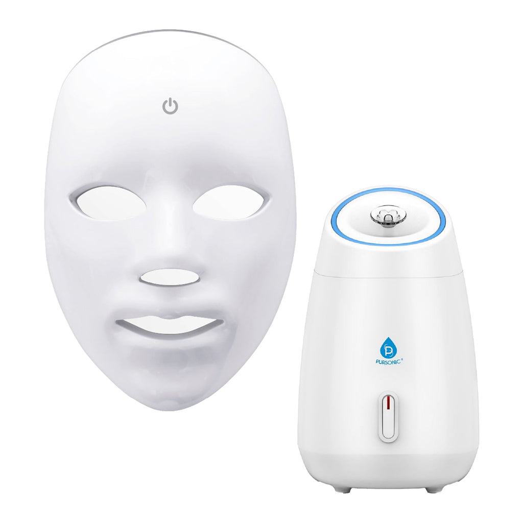 7-in-1 LED Light Therapy Face Mask & Pursonic Facial Steamer Hot Mist Moisturizing Spa Bundle-0