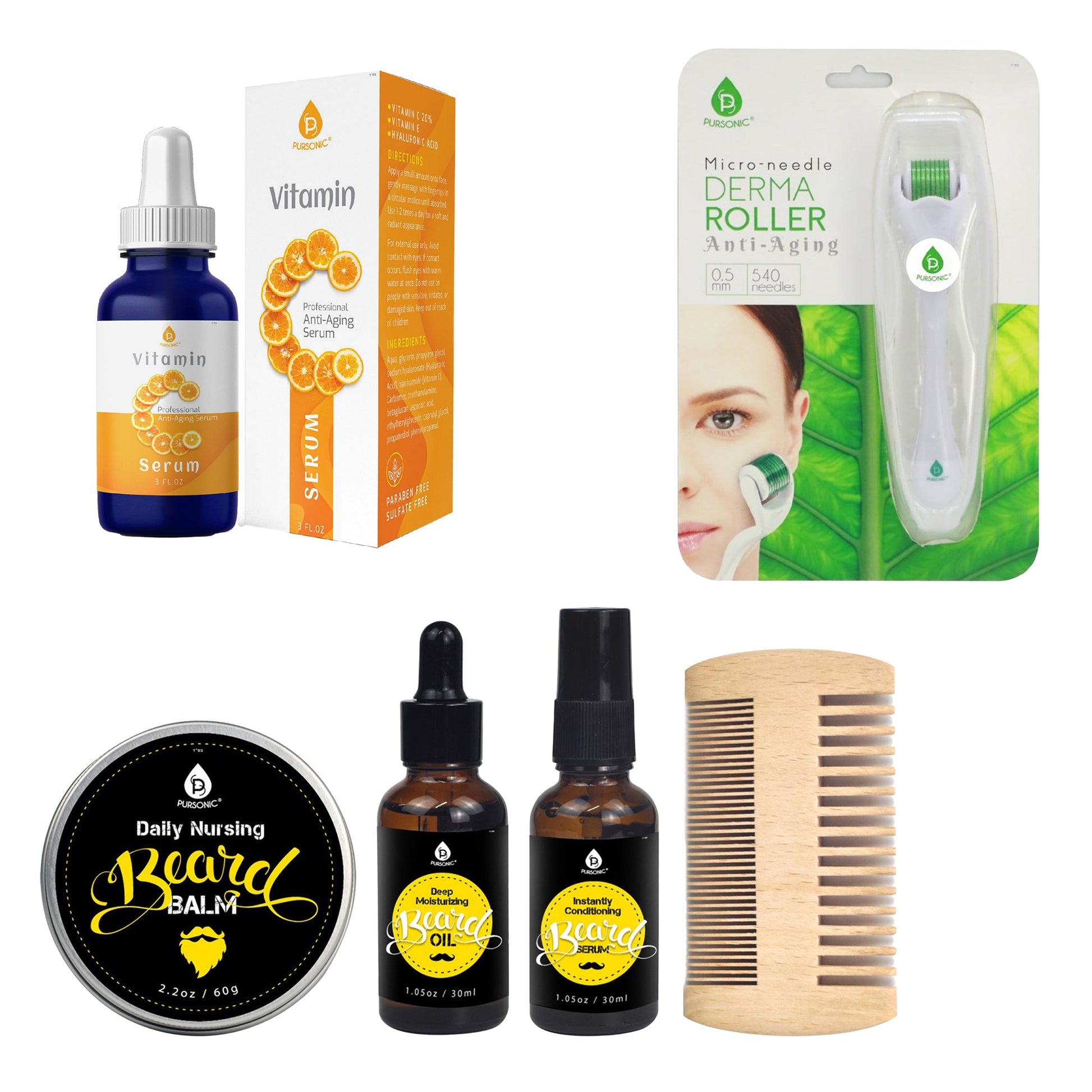 Pursonic Beard Care Grooming Kit, Micro Needle Derma Roller 0.5 mm, and Vitamin C Serum (3 fl. oz) Gift Bundle-0